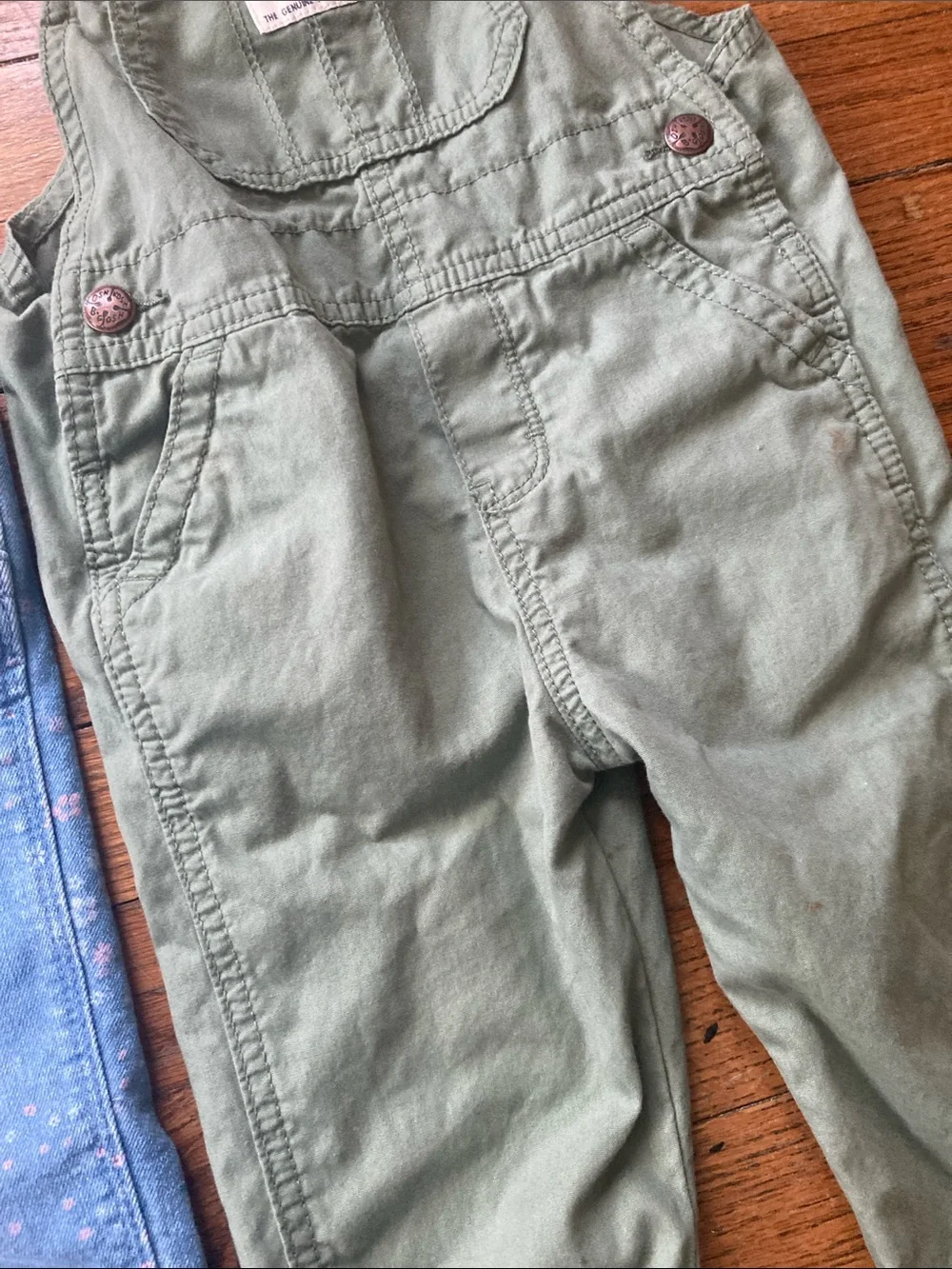 OshKosh B'gosh Set of 2 Overalls Blue Floral Denim and Olive Green 3T Bundle